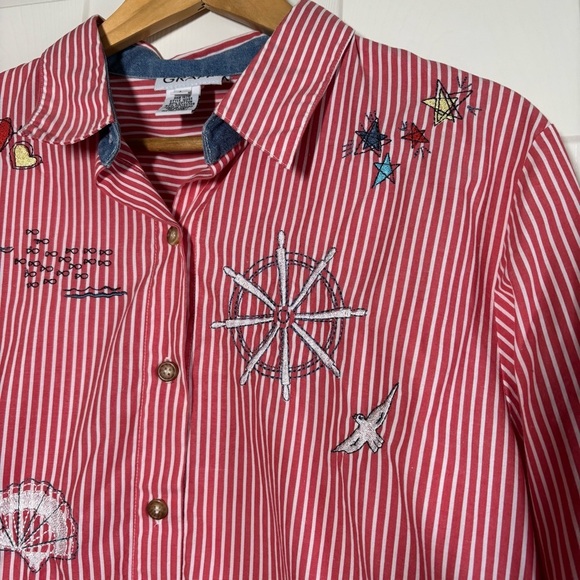 Vintage Embroidered Nautical Blouse Large Graff Button Down Red Coastal Novelty - Picture 3 of 12